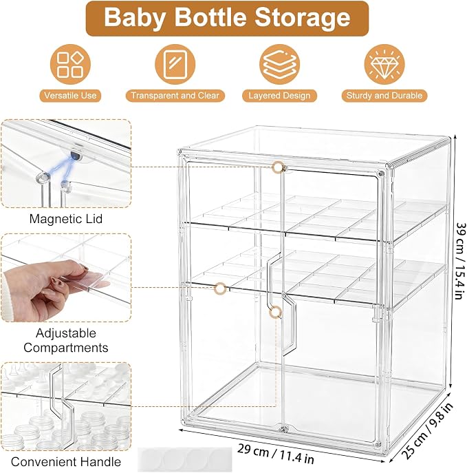 ERTIUANIO Baby Bottle Organizer – 3 Tier Acrylic Bottle Storage Organizer Container, Clear Plastic Bottle Station Organizers Drawers with Double Magnetic Doors for Countertop Kitchen Vanity, Bathroom