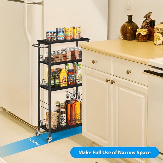 YBING Slim Storage Cart Kitchen Rolling Utility Cart on Wheels 4 Tier Mobile Narrow Cart with Wood and Metal Handle Slide Out Storage Shelving Unit Cart for Kitchen Living Room Small Places Black