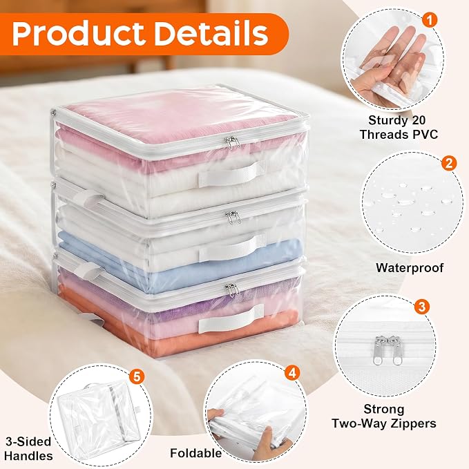 10 Pack Clear Storage Bags with Zipper Handle, Sheet Organizers and Storage | PVC Blanket Storage Bags, Foldable Under Bed Organizer for Baby Clothes Shoes Sweater Toy Bedding Sheet, 15.7x13.8x3.9’’