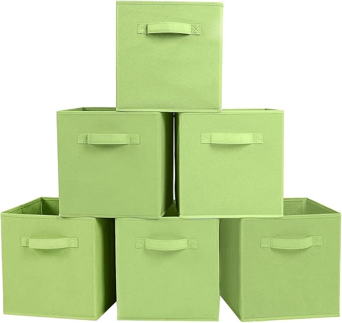 PowerKing Collapsible Storage Cubes, Farbic Storage Bins, Green, 6 Pack | Sturdy, Lightweight, Easy Pull Handle, Closet & Shelf Organizer, Clothes and Toys Storage, 10.5'' x 11'' x 10.5''