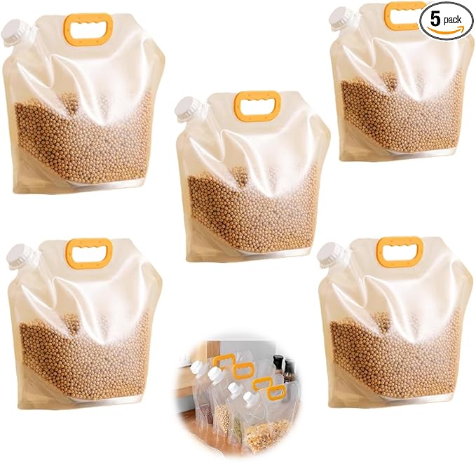 5pcsFood Storage Bags, Grain Moisture-proof Sealed Bag,Stand Up Food Bags Large Reusable Sealed Bag with Handle and Cap BPA Free
