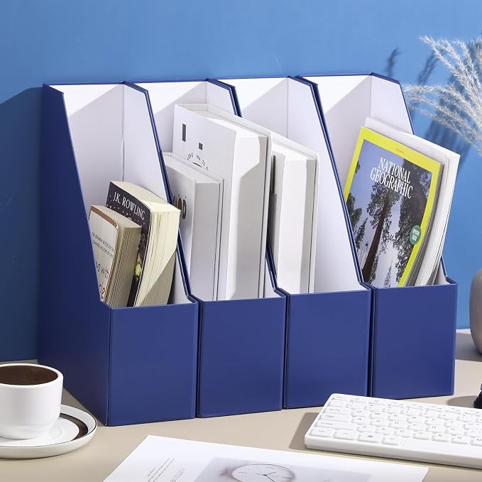 Feifeiya Magazine Holder Set of 6 Sturdy Cardboard Magazine File BOY7116 Beautiful Desk Book Organizer and Storage Box for Documents, Magazines Holder Rack for Shelf Home Office Classroom(Navy Blue)