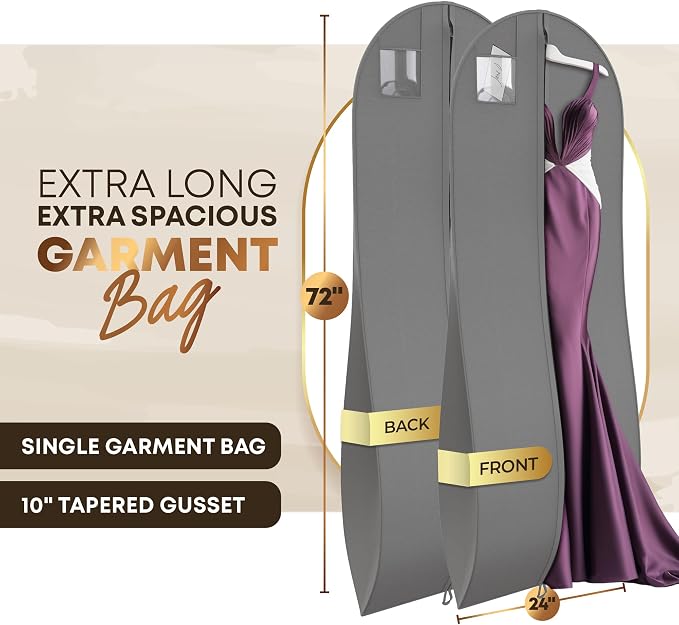72" Tapered Long Dress Bags for Gowns - Wedding Dress Garment Bag for Dresses - Long Garment Bags for Hanging Clothes & Closet Storage, Dress Bag for Airplane