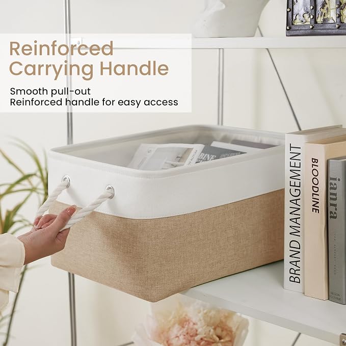 Large Storage Baskets- 15.7x11.8x8.26 inch Storage Bins for Shelves and Closet Organizing, Foldable Fabric Bin for Home Organization Clothes and Laundry (6-Pack, White&Khaki)