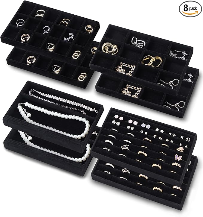 Jewelry Organizer Trays Set of 8,Velvet Jewelry Tray Stackable Storage Drawer Trays for Earring Ring Necklace Jewelry Display Case for Women(8 Set,Black)