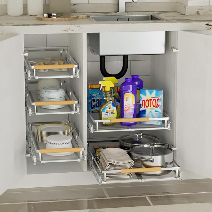 SANNO Pull Out Cabinet Organizer with Expandable Sliding Shelves for Cupboard Pantry, Steel Metal Sliding Shelf, Chrome Finish