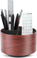 Round Leather Art Supply Organizer,Remote Control Holder,360 Degree Spinning,Multi-Functional Pencil Holder,4 Compartments Desktop Stationary Organizer(1-Light Brown2)