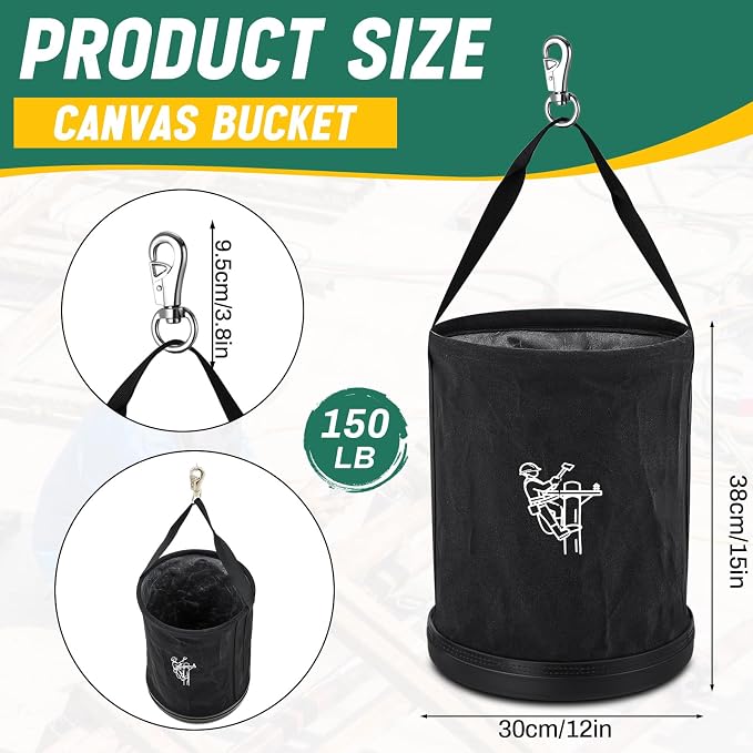 1 Pack 15" x 12" Canvas Tool Bucket Bag, Heavy Duty 150 Lbs Load Capacity, Truck Tool Organizer with Plastic Bottom Metal Hook for Linemen Electricians & Construction Workers (Black)