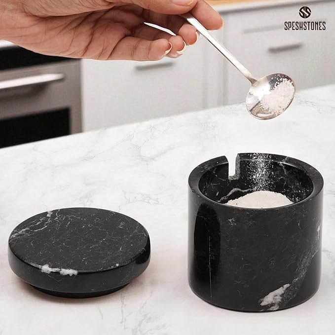 Marble Salt Cellar 3 Inch Black Table Salt Containers for Countertop - Sugar Bowl With Lid, Salt Holder, Spice Jars, Salt Box for Seasoning Storage Container, Salt Dish for Kitchen Decor