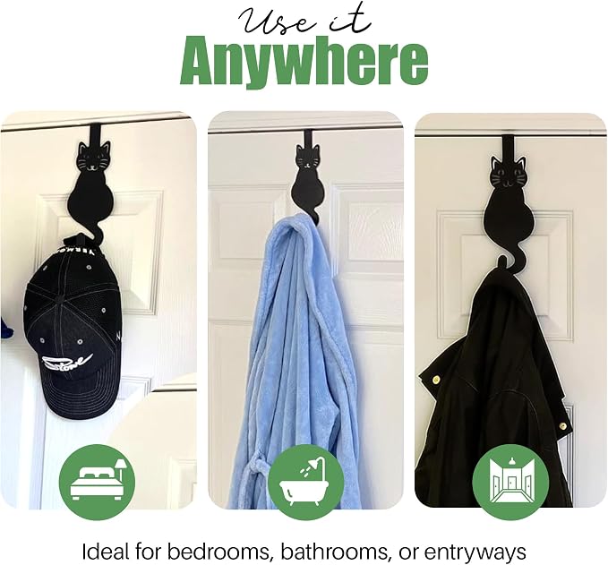 Evelots Over The Door Cat Hooks - 2 Pack - Strong Metal Kitty Decoration - Perfect for Coats, Handbags, Hats, Towels, Wreath Hanger Etc. - Hold up to 20 Pounds - Easy to Install - Rust Free