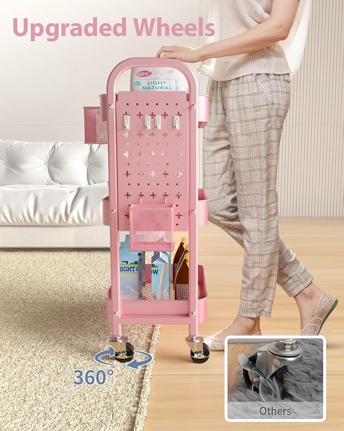ALVOROG 3 Tier Metal Rolling Utility Cart with Pegboards,Baskets,Hooks,Pink | More Storage Craft Cart with Pegboards,Lockable Wheels,Hooks & Baskets to Organize Kitchen,Office,Bedroom and DIY Supplies