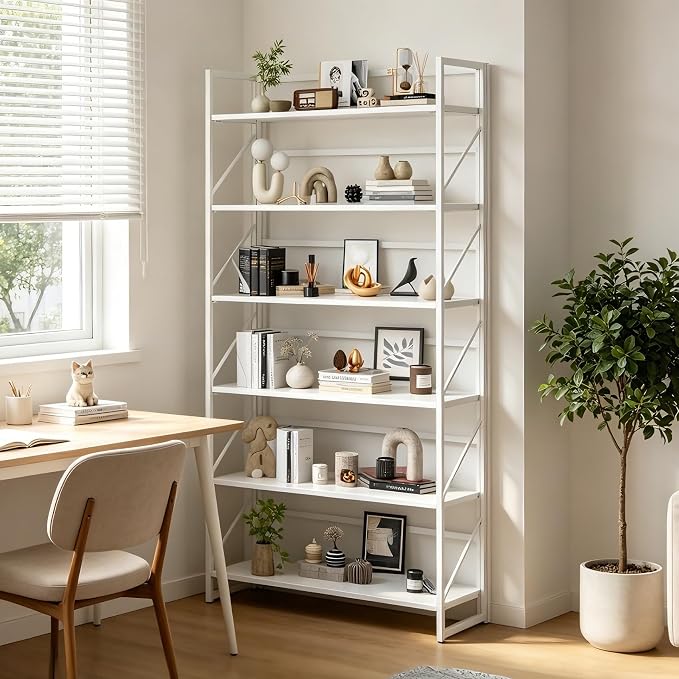 JSB 6 Tier No Assembly Folding Bookshelf, 30.7" Wide Foldable Storage Bookcase for Home Office, Space-Saving Storage Shelf for Living Room (All White)