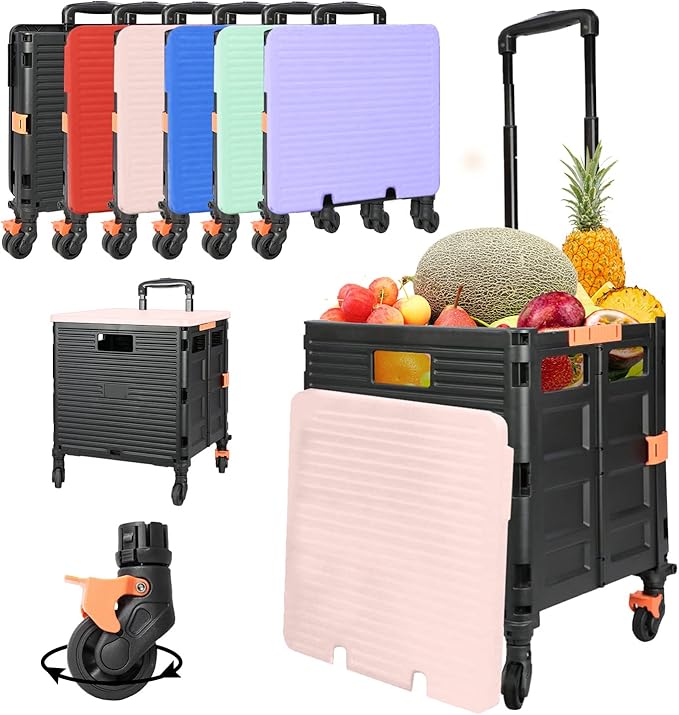 SELORSS Foldable Utility Cart Collapsible Crate Rolling Carts Handcart Trolley Tool Box Basket 4 360°Noiseless Wheels Lid Telescoping Handle for Shop Grocery Luggage Move Office School Teacher (Pink