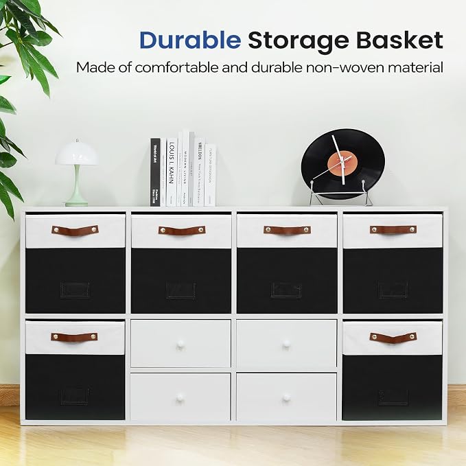 FinishingBo 13 inch Storage Bins with Labels 6 Pack | PU Leather Handles, Foldable Storage Cubes, Storage Baskets, Closet Storage, White/Black