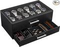 ProCase 12-Slot Watch Case for Men, 2-Tier Pull-Out Drawers Box -Black | Fathers Day Gift for Dad Men with Display Clear Top Lid, Jewelry Sunglasses Storage Organizer, Anniversary Birthday Gifts