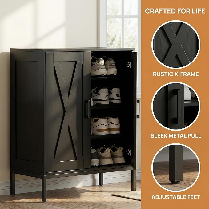 Homleke Farmhouse Shoe Cabinet with 2 Barn Doors & Metal Legs | Tall 4-Tier Shoe Storage Cabinet, 3 Adjustable Shelves, Shoe Rack Organizer, for Entryway, Hallway, Closet, Black