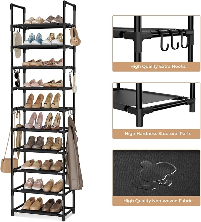 VTRIN 10 Tiers Tall Shoe Rack Holds 20-25 Pairs of Shoes Sturdy Vertical Shoe Organizer with 18pcs Hooks Stackable Narrow Shoe Rack for Closet, Entryway Black
