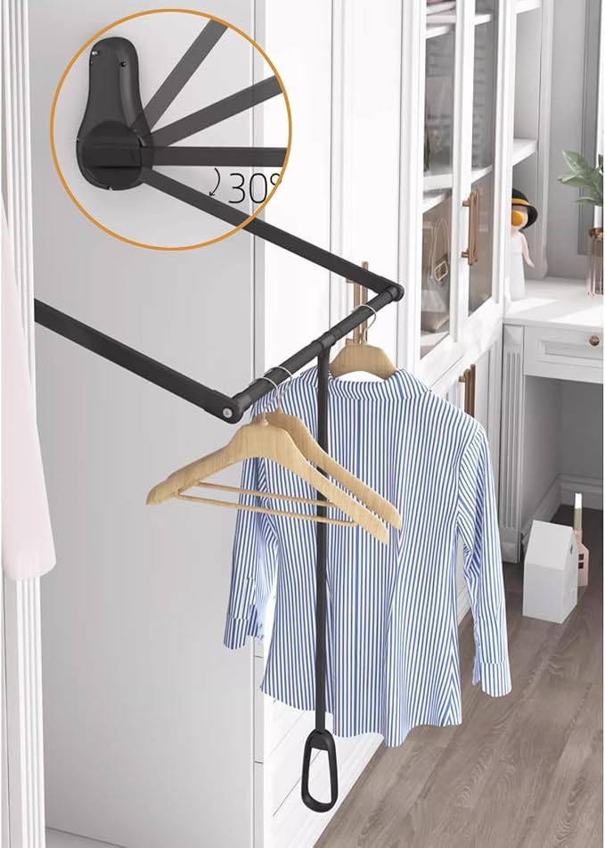 Pull Down Closet Rod for Hanging Clothes, Wardrobe Lift Rail Aluminum Alloy Organizer, Side Mounted Closet Rod for Kitchen Bedroom High Cabinets, 66 lbs Load Capacity (Black, 33.4"-45.3")