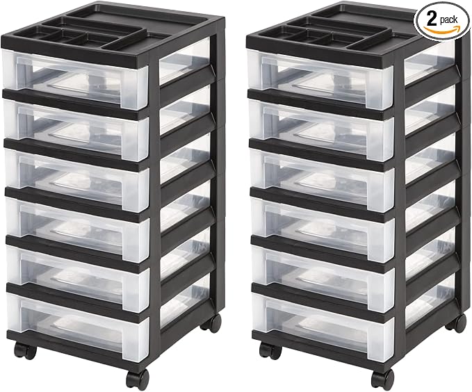 IRIS USA 2 Pack 6-Drawer Plastic Storage Rolling Organizer Cart with Caster Wheels for Laundry Room, Bathroom, or Closet Dresser Storage, Black/Clear