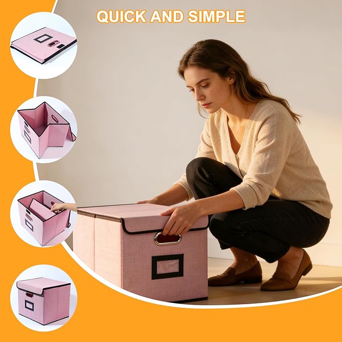 Large Square Storage Bin with Lid, Foldable Organizer Box with Handles & Label Design, for Office, Closet, Home, Documents, Pink, 12.20 x 10.63 x 10.63 Inches, 4 Pack