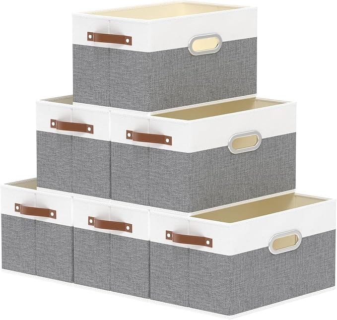 Yawinhe Fabric Storage Baskets,13.0x9.1x7.9in,White/Grey,6-Pack | Foldable Storage Bins for Shelves, Closet Bins for Organization, Collapsible Storage Baskets for Towels, Rectangle Basket