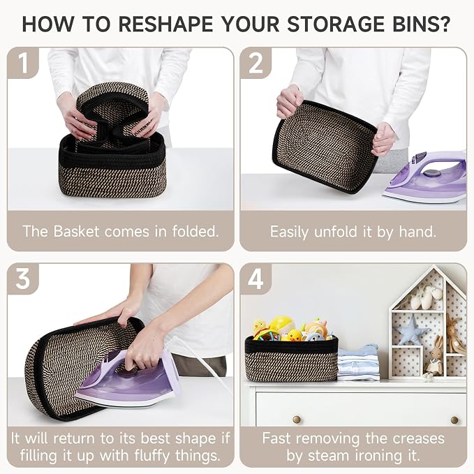 3-Pack Shelf Baskets for Organizing, Closet Organizer Bins, Small Woven Baskets, Rope Toy Basket, Storage Basket for Shelves, Cube Decorative Box, 11.8×7.8×5.1”, Black Brown