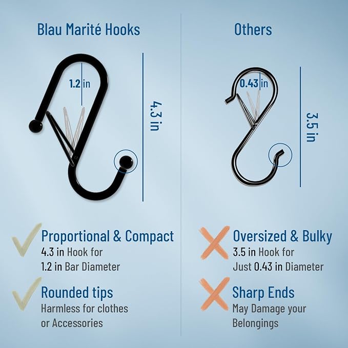 6-Pack Metal S Hooks for Hanging – Heavy-Duty S-Shaped Hooks with Safety Buckle – Fits Bars up to 1.2 in – Anti-Drop S-Hooks for Closet, Wardrobes & Storage – Gold (Large)