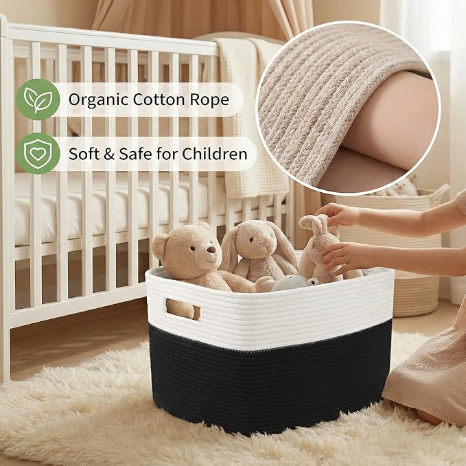 JMvicyroam Woven Blanket Basket,96L Large Storage Bin for Blankets Toys Clothes,Decorative Rope Basket for Living Room Bedroom with Handles, White&Black