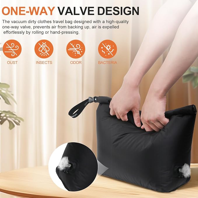 Travel Laundry Bag, Pump Free Vacuum Compression Dirty Clothes Bag Reusable Wet Dry Bags Large Capacity Space Saver Bags Camp Washable Clothes Organizer for Sports Dorm Laundromat (1 Pcs) (Black, L)