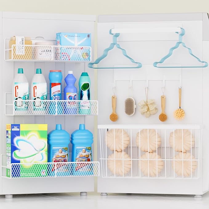 6 Pack Magnetic Shelves for Washing Machine, Magnetic Spice Rack Organizer for Refrigerator, Magnetic Shelf with Hanger Organizer, Metal Magnetic Basket, Laundry Organization and Storage, White