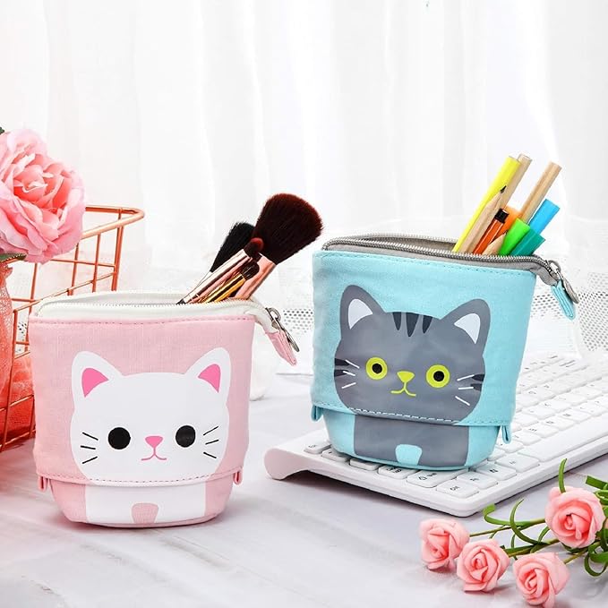 Outus 3 Pcs Standing Pencil Case Cute Stand up Pencil Pouch Telescopic Pen Holder Kawaii Stationery Pouch Makeup Cosmetics Bag for School Students Office(Gray, Black, White Cat)