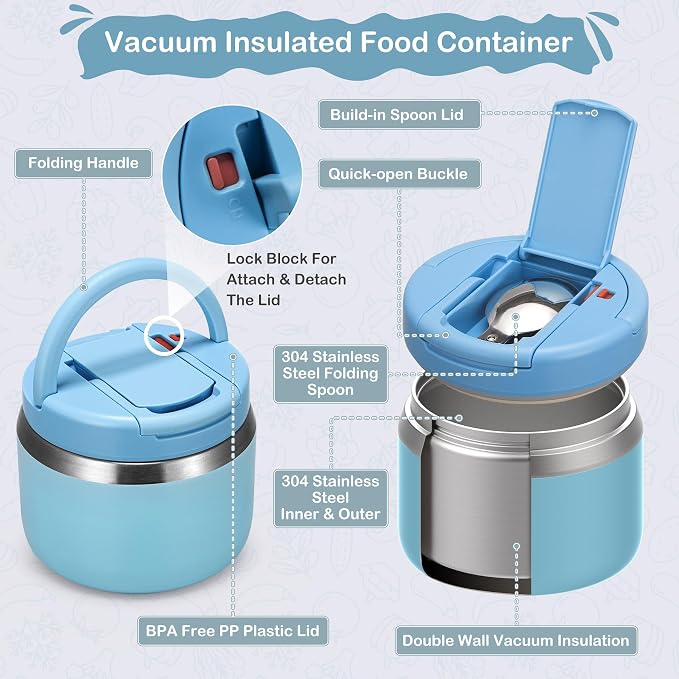 MAXSO 14oz Vacuum Insulated Food Jar with Spoon Buckle Lid, Kids Soup Thermo for Hot Food Wide Mouth Leakproof Stainless Steel Lunch Container - Sky Blue