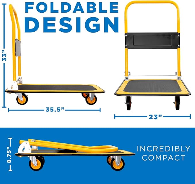 Mount-It! Heavy Duty Folding Hand Truck Dolly Platform Truck, 660 lb Flatbed Cart with Wheels, Foldable Platform Cart with 360° Swivel Casters, Push Cart for Moving Boxes & Furniture (MI-921)