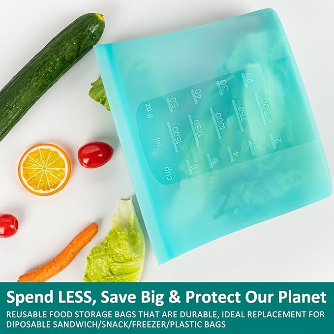 12-Pack Reusable Silicone Food Storage Bags, 100% Silicone Stand-Up Wide-Open Zip-Lock Reusable Storage Bags for Food, Freezer Microwave Oven Dishwasher Safe, Aqua, 4M 4S 4XS