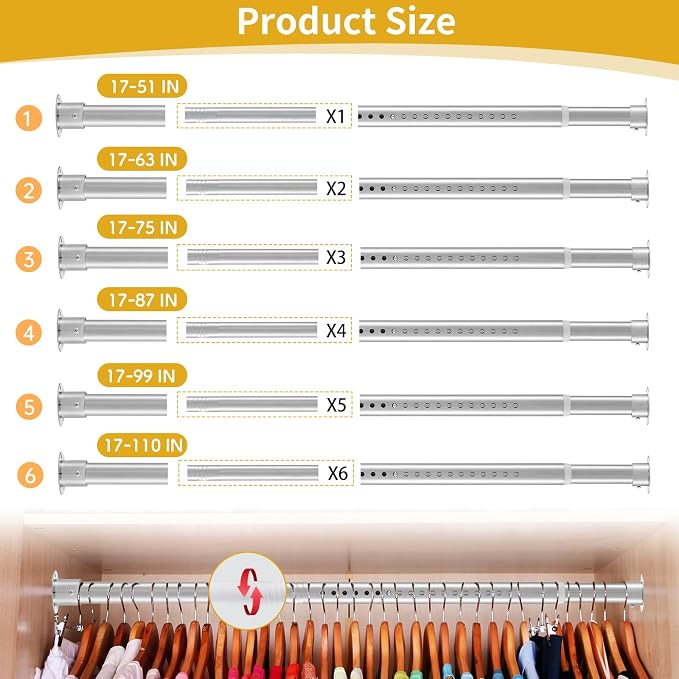 Closet Rod, 17 to 87 Inch Stainless Steel Adjustable Closet Rod,1.3 Inch Diameter Heavy Duty Closet Rods for Hanging Clothes,Silver Closet Poles for Wardrobes