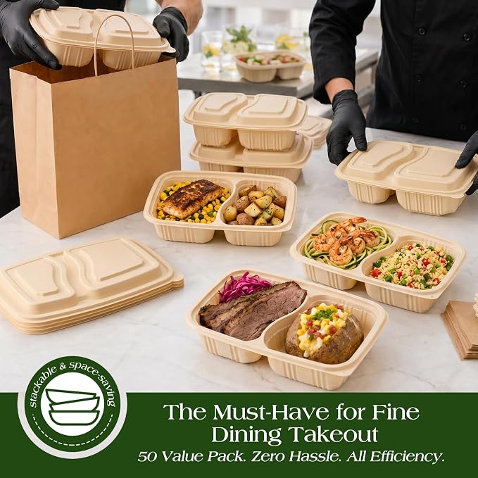 100 Piece (50 Pack) Meal Prep Containers Reusable - 2 Compartment 32 oz Cornstarch Snack Containers with Lids - Plastic Food Storage Salad Containers - To Go Lunch Box - Microwave & Freezer Safe