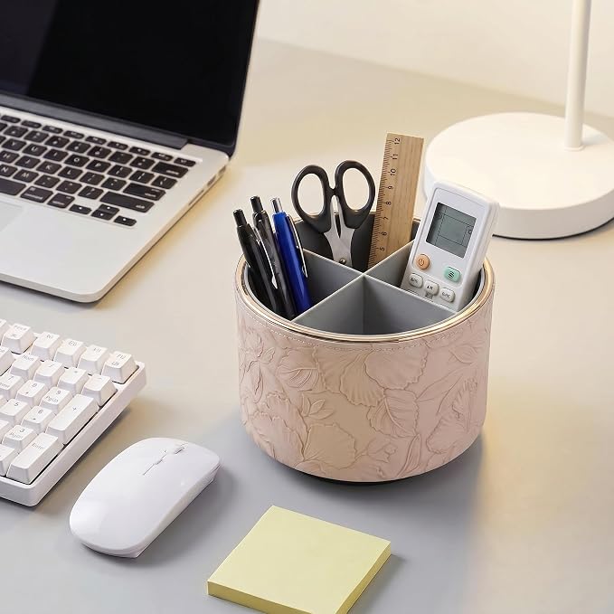 Round Leather Art Supply Organizer,Remote Control Holder,360 Degree Spinning,Multi-Functional Pencil Holder,4 Compartments Desktop Stationary Organizer(1-Golden Apricot)