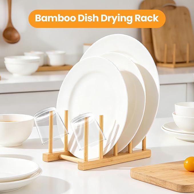 1 Pack Bamboo Wooden Dish Rack-Plate Pot Lid Cutting Board Organizer Holder Rack for Cabinet-Kitchen Cabinet Organizer for Dish, Pots, Lids, Bowls, Bottles, Books, and Puzzle