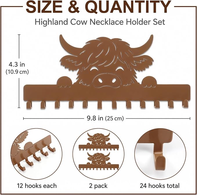 Hicarer 2 Pack Highland Cow Necklace Holder Wall Mount 24 Hooks Adhesive Metal Jewelry Organizer Farmhouse Home Storage Decor Gifts for Women Highland Cow Lovers for Earrings Bracelets Rings Keys