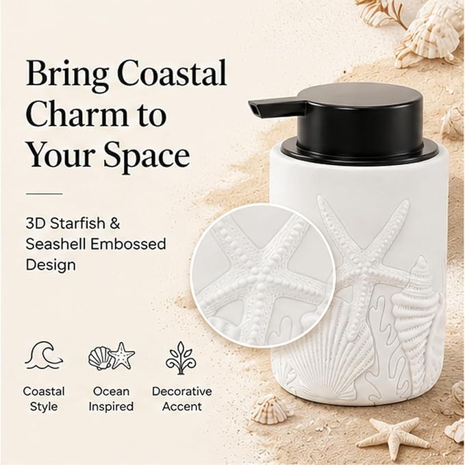 Resin Soap Dispenser, Coastal Starfish & Seashell, 12 oz | Refillable bathroom soap dispenser with durable resin body and coastal starfish and seashell design for hand soap or lotion