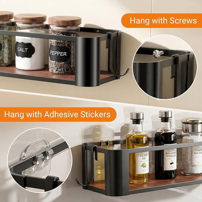 Wall Mounted Spice Rack, Black, 4 Pack | 4 Hooks Included, Screw or Adhesive Installation, For Stove Cabinet Pantry Door, Kitchen and RV Use