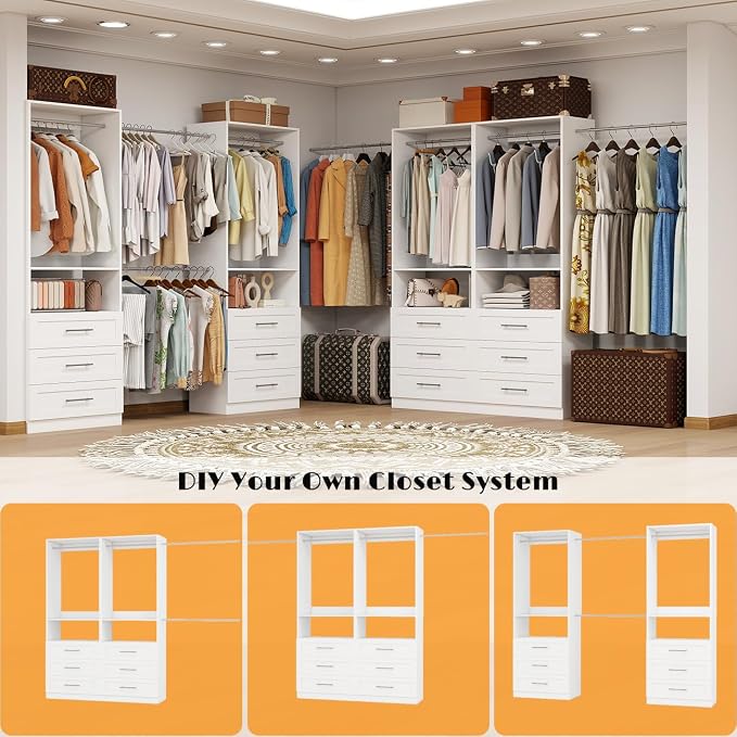 Dilando Closet System with 6 Drawers 4FT-10FT Closet Organizer System Walk-in Closet Freestanding Modular Custom Corner Closets Storage with 4 Hanging Rods & 2 Shelf White (4FT)