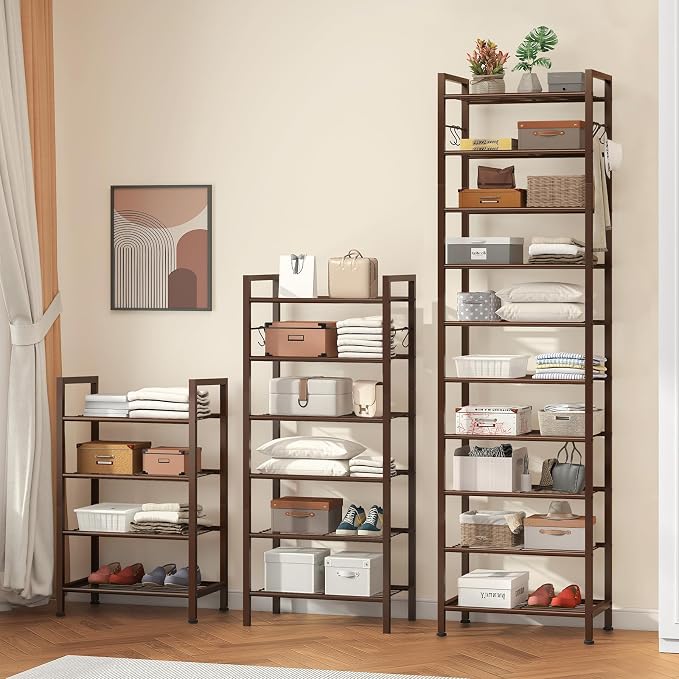 usikey 10 Tiers Narrow Shoe Rack 20-30 Pairs, Sturdy Metal Tall Shoe Rack Shelf with 4 Hooks, Slim Shoe Storage with Metal Shelf, Space Saving Vertical Shoe Organizer for Closet Entryway, Bronze