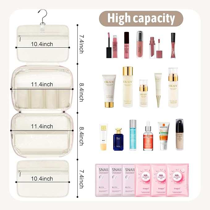 YOPCDJ Hanging Toiletry Bag with Jewelry Organizer,Travel Bag for Toiletries,PU Leather Cosmetic Bags for Women Make Up Organizer with 4 Compartments Waterproof Portable Travel Essentials