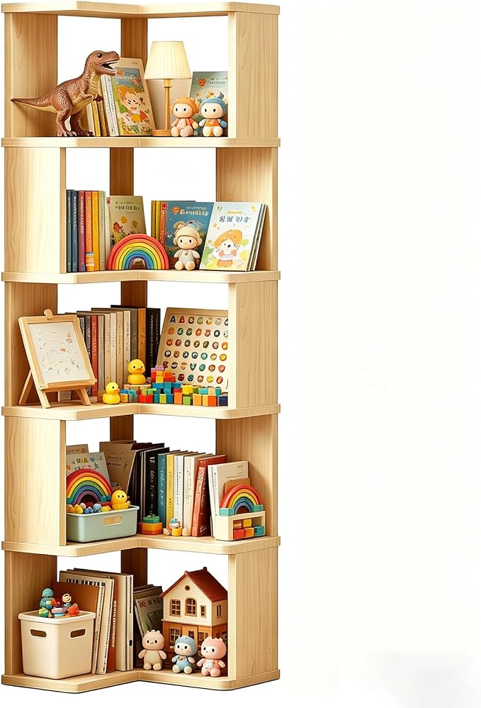 Tall Corner Bookshelf, 6 Tier Corner Book Shelf Etagere Bookcase with Baffle, Freestanding L Shaped Display Shelf Stand for Home Office, Living Room, Bedroom, Brown