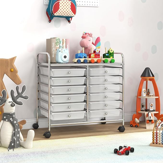LDAILY 12 Drawer Rolling Storage Cart, Craft Cart Organizer on Wheels w/Metal Frame, Large Capacity & Smooth Drawer, Rolling Cart w/Drawers for Classroom, Office