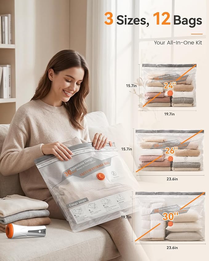 Vacuum Storage Bags for Travel & Home, Space Saver Bags with Rechargeable Cordless Air Pump, Compression Packing Bags for Packing, Luggage and Seasonal Storage (12 Combo Set)