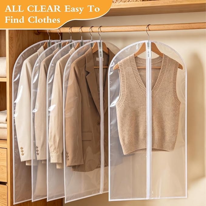 20 Pack Clear Garment Bag, PEVA Hanging Clothes Cover, 24"x43" Suit Dress Bag for Closet Storage Travel