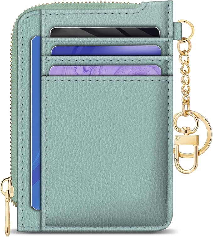 GIANCOMICS Slim Wallet Credit Card Holder Women, Light Green Rfid Blocking Small Card Case, Keychain Thin Pocket Curved Zipper Wallet, Travel Card Holder PU Leather ID Window, Ladies Female Gifts