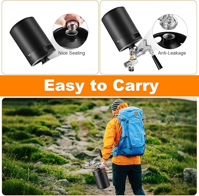 Mini Keg Growler Tap System, 64OZ Pressurized Stainless Steel Beer Keg, Durable Beer Dispenser System with CO2 Regulator & Self-Closing Faucet, Portable Beer Growler to Keep Fresh for Homebrew